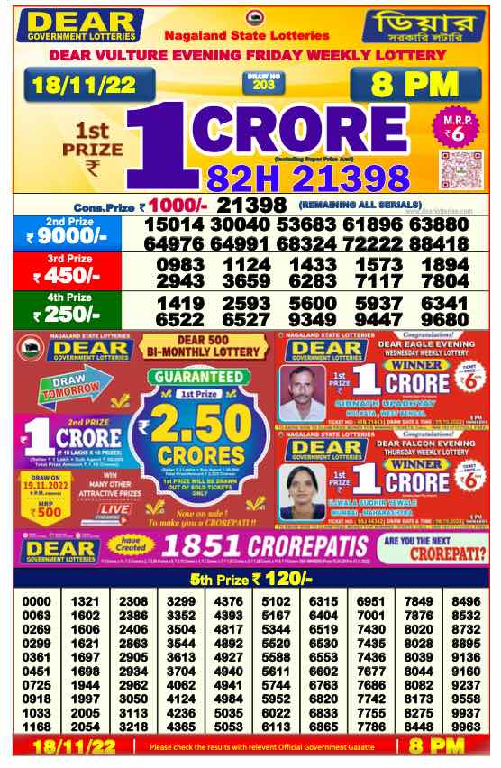 NAGALAND STATE Dear Daily Lottery Result 8.00 pm 18 November 2022