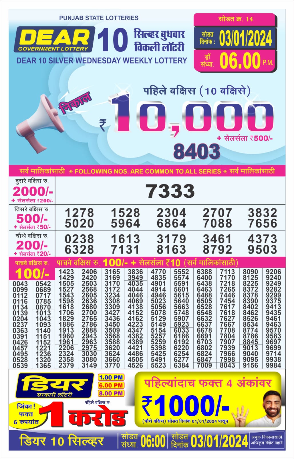 Dear 10 Silver Wednesday Weekly lottery draw, 6 pm, 3 Jan 2024 All