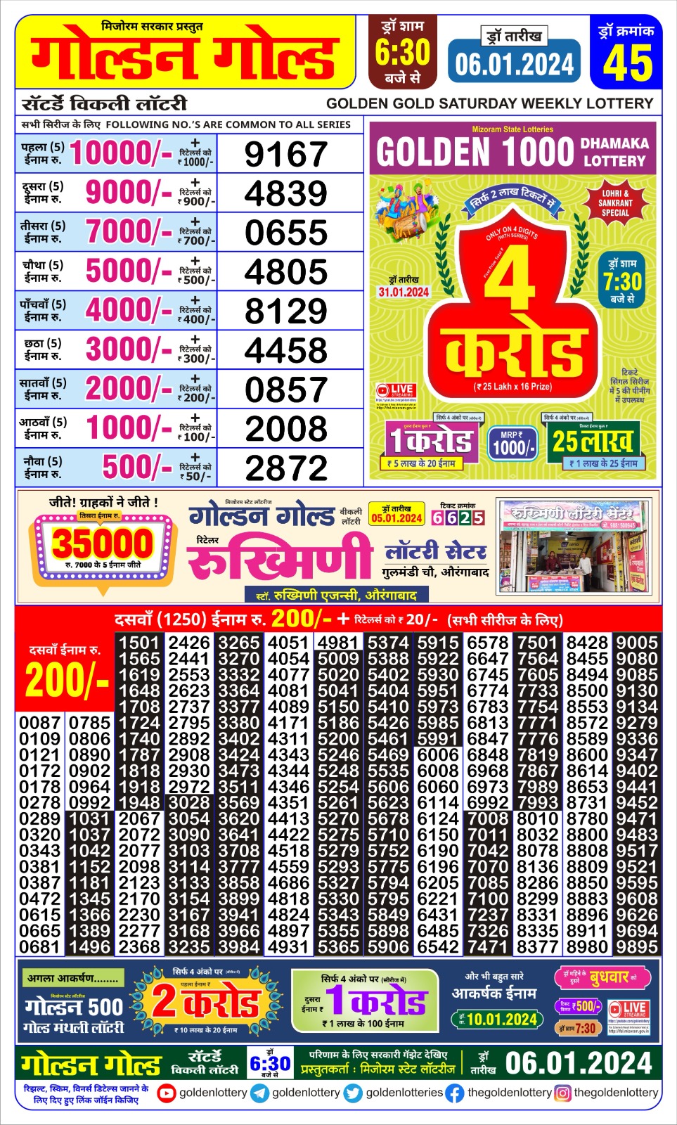 Golden Gold Saturday Weekly lottery draw, 630 pm, 6 Jan 2024 All