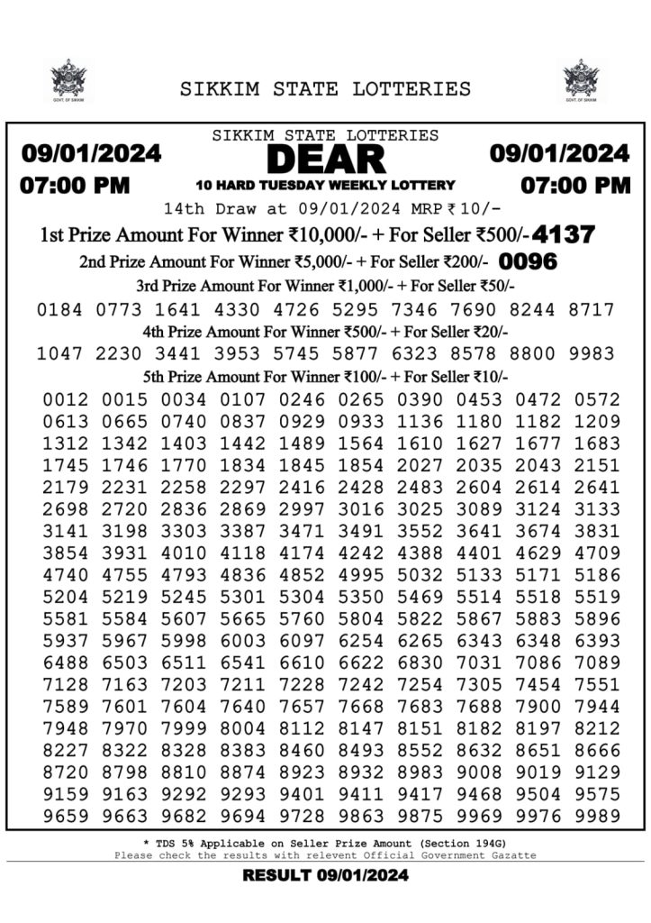 Dear 10 Hard Tuesday Weekly lottery draw,6 pm, 9 Jan 2024 All Lottery