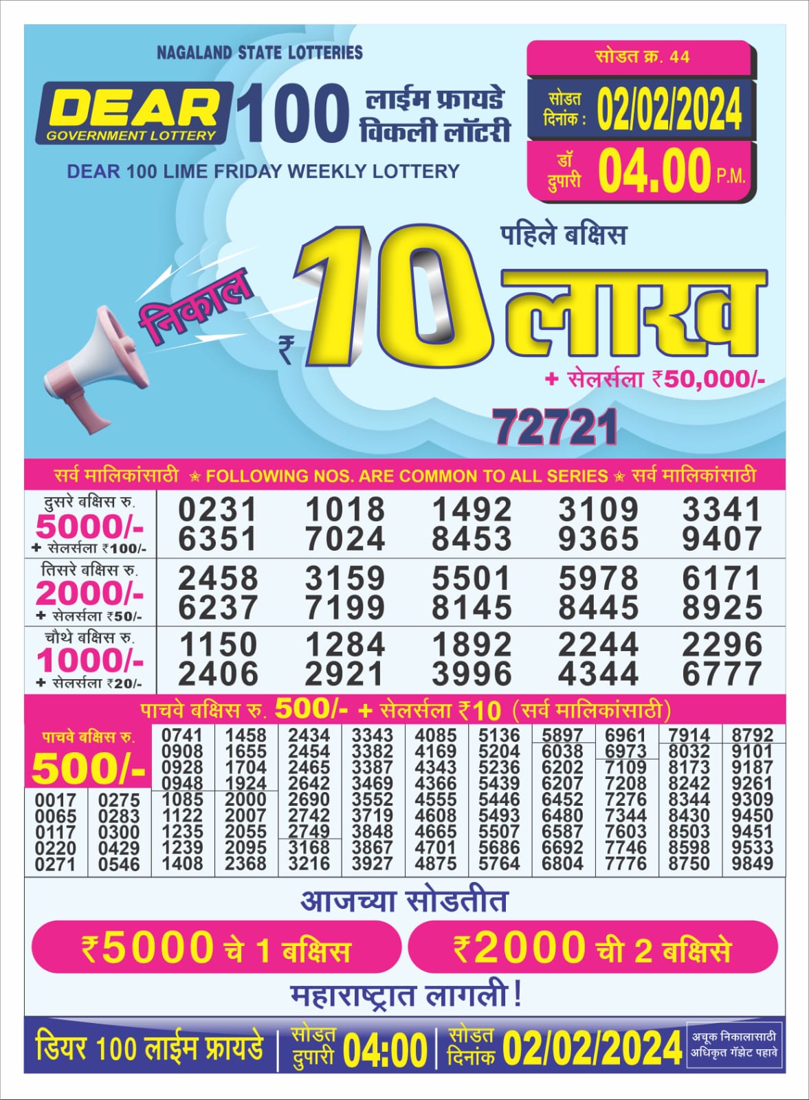 Dear 100 lime Friday Weekly Lottery Result ,4 pm,02.02.2024 All