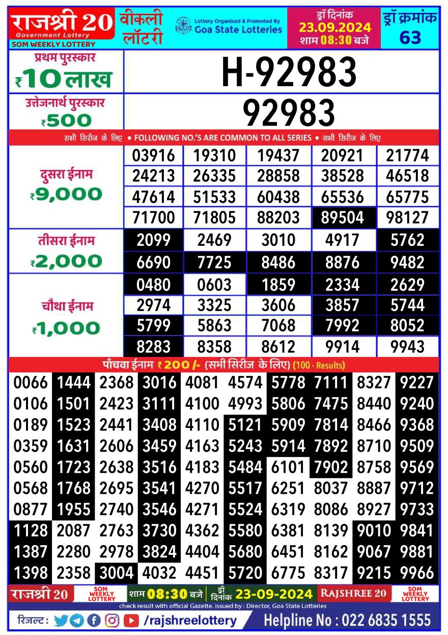 Rajshree 20 weekly 8:30pm Lottery result 23.09.24