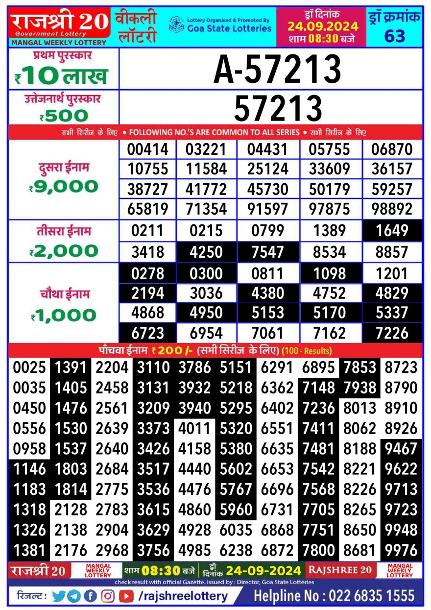 Rajshree 20 weekly 8:30pm Lottery result 24.09.24