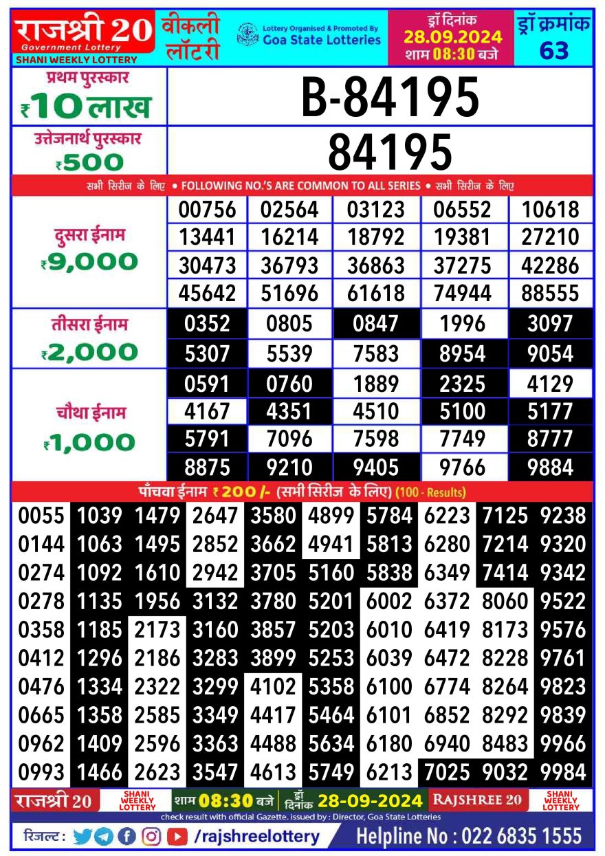 Rajshree 20 weekly 8:30pm Lottery result 28.09.24