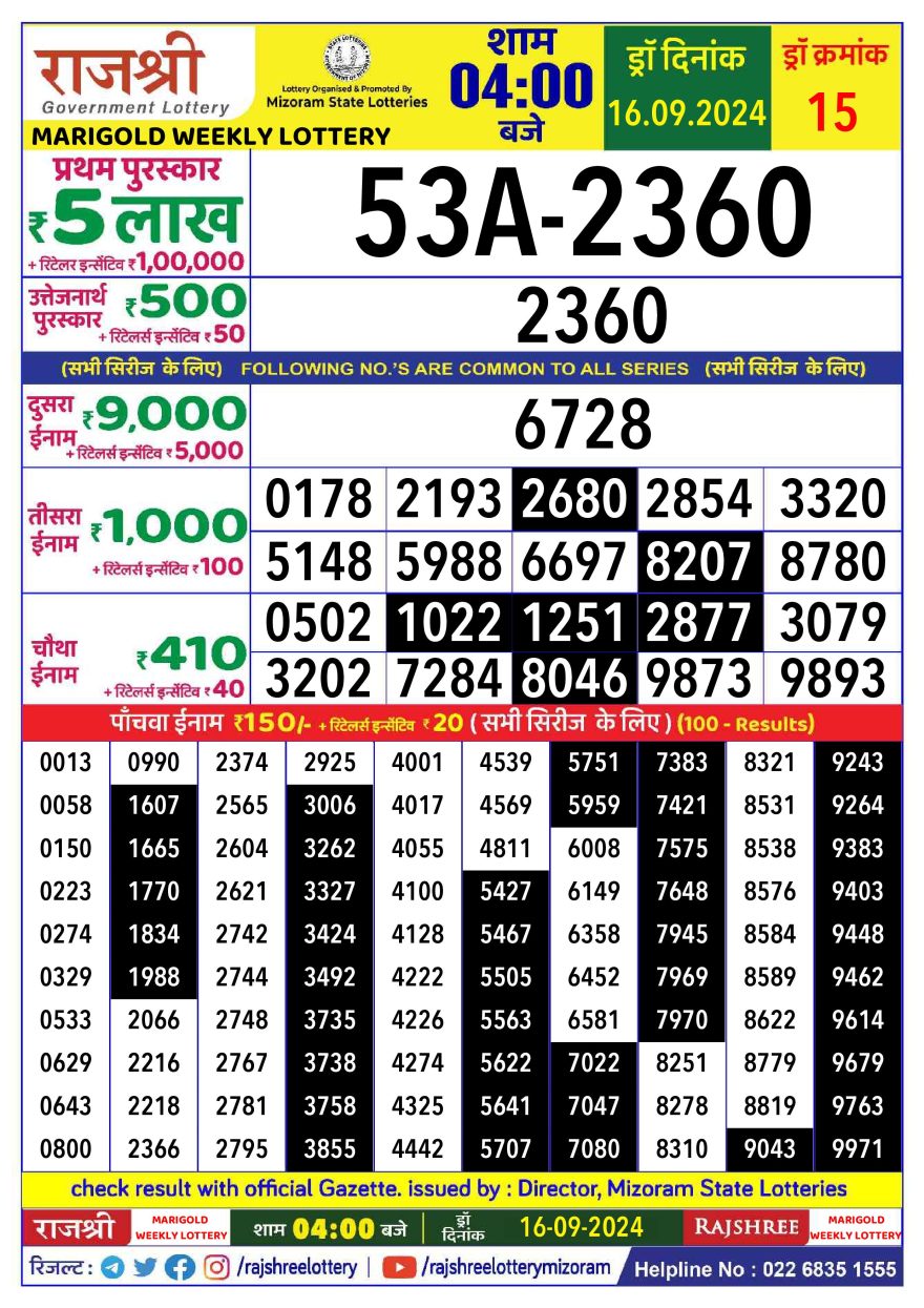 Rajshree marigold Weekly Lottery 4PM Result 16.09.24