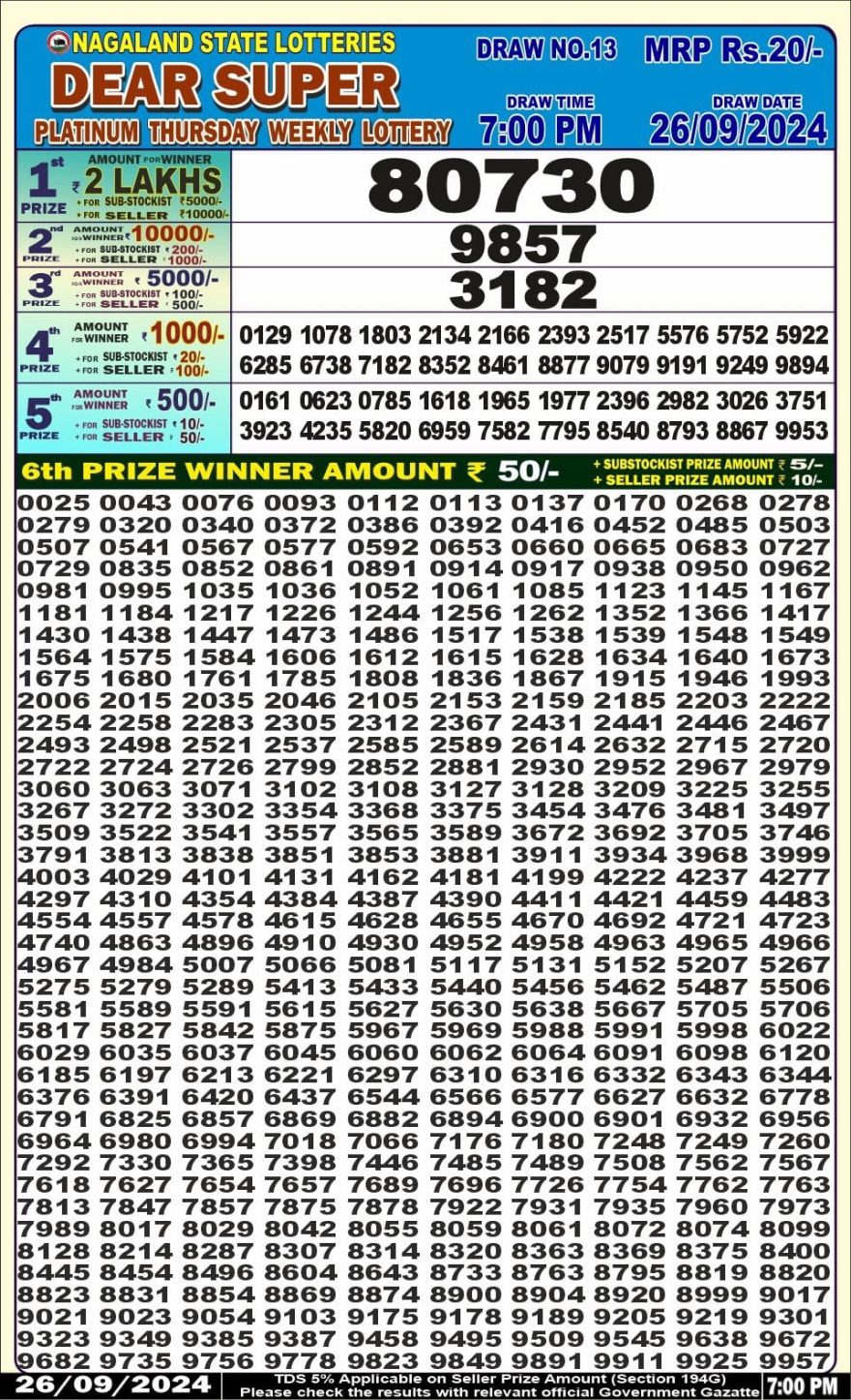 Dear super platinum 7pm result 26-9-24