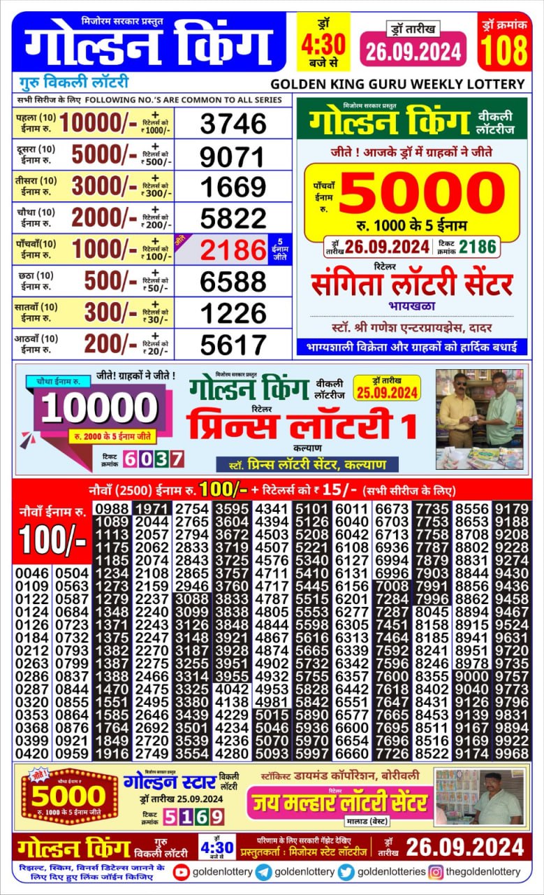Golden king weekly lottery 4.30pm result 26.9.24