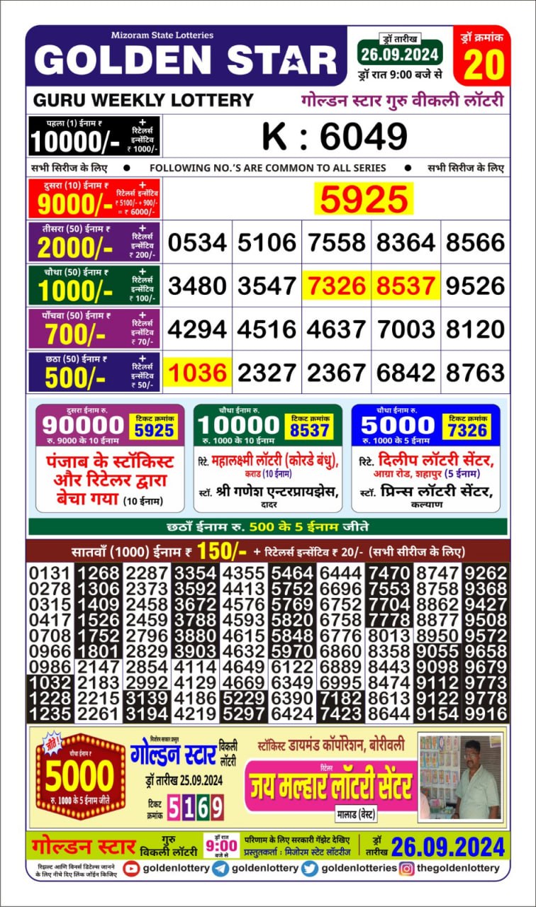 Golden Star weekly Lottery result 26.09.24