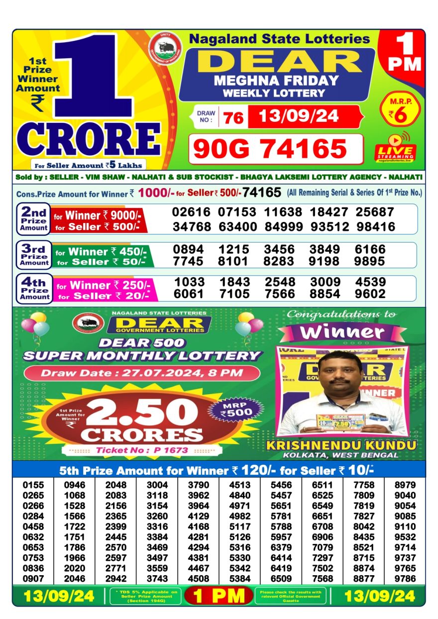 Dear meghna Weekly 1pm result 13-09-24