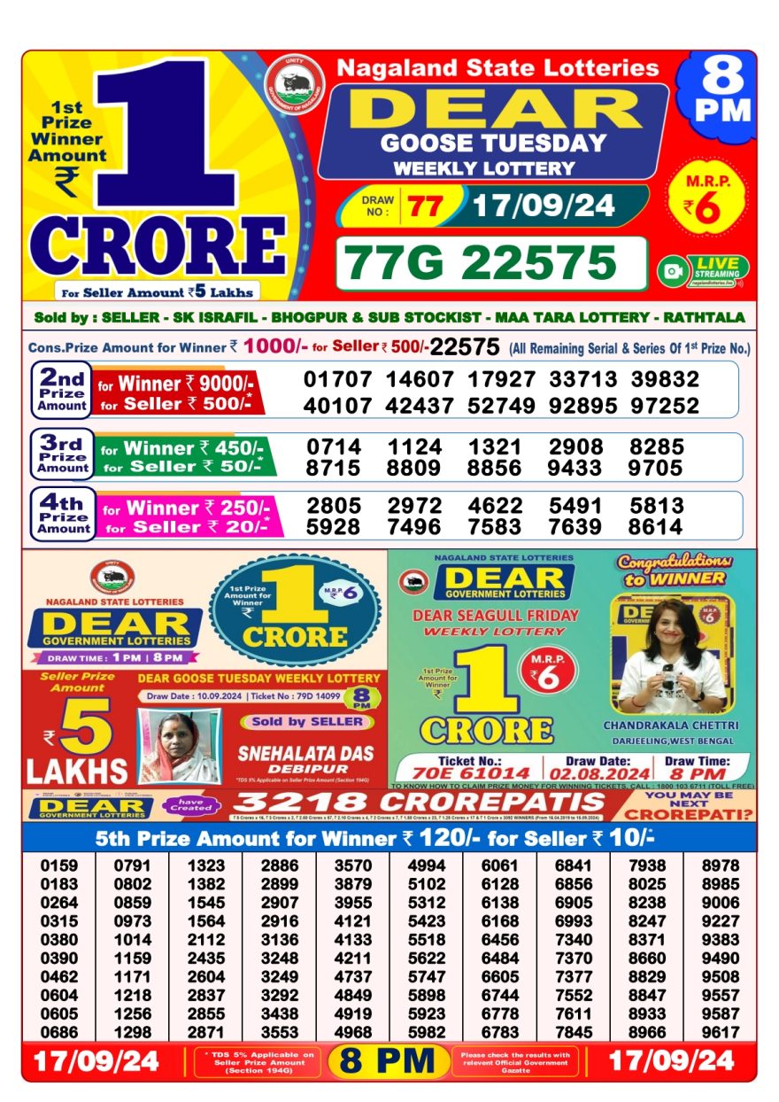 Dear goose Weekly Lottery 8PM Result 17.09.24