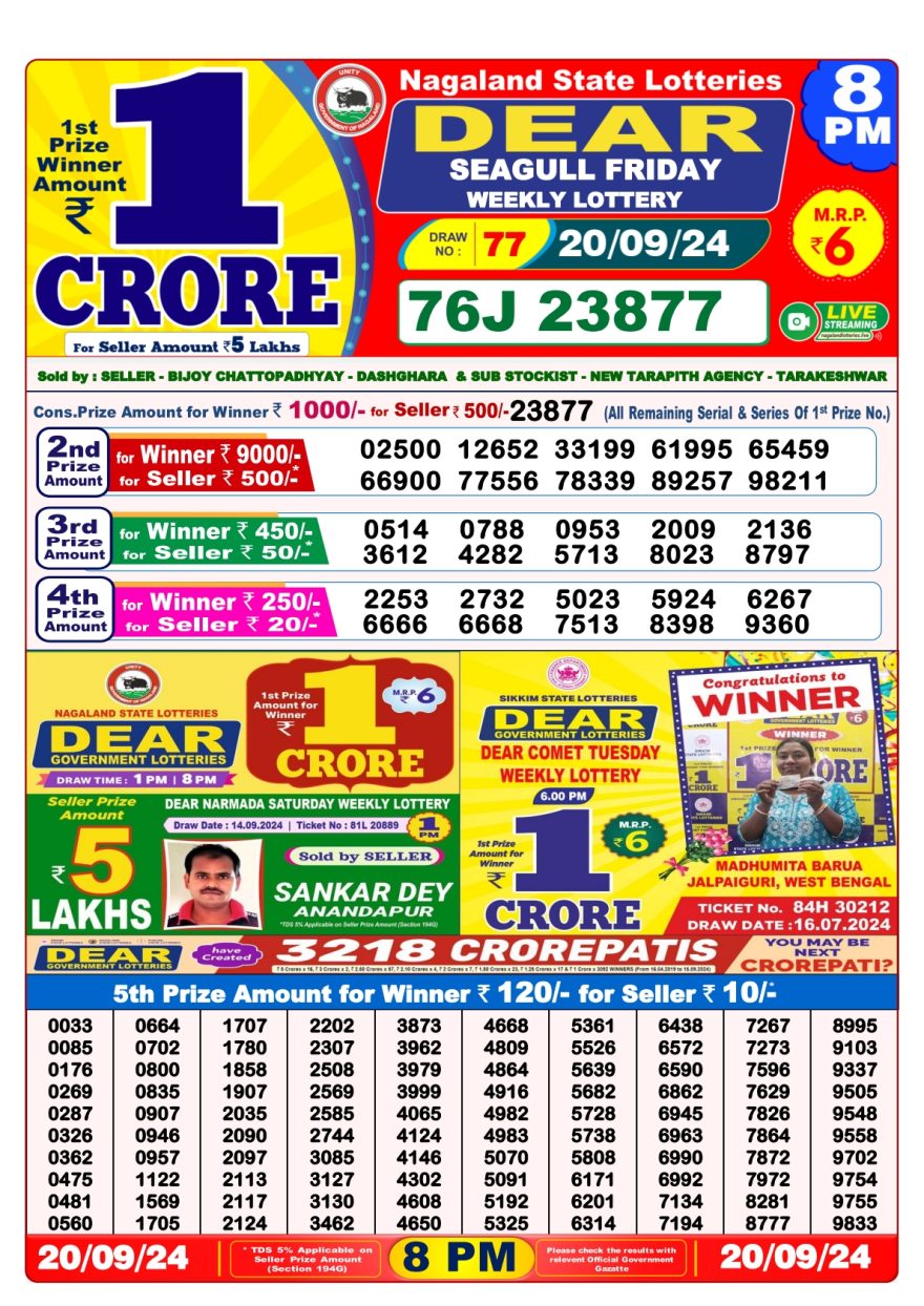 Dear seagull Weekly Lottery 8PM Result 20.09.24