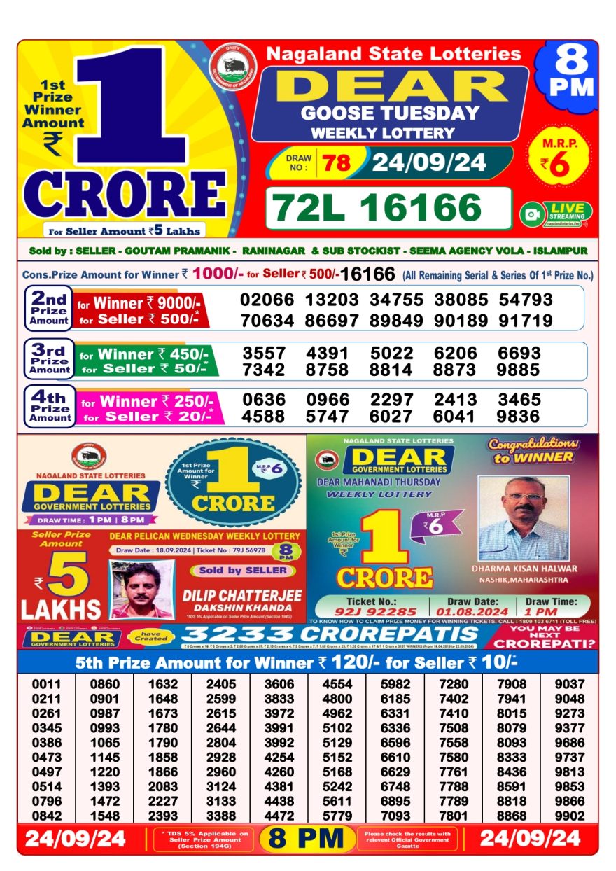 Dear goose Weekly Lottery 8PM Result 24.09.24