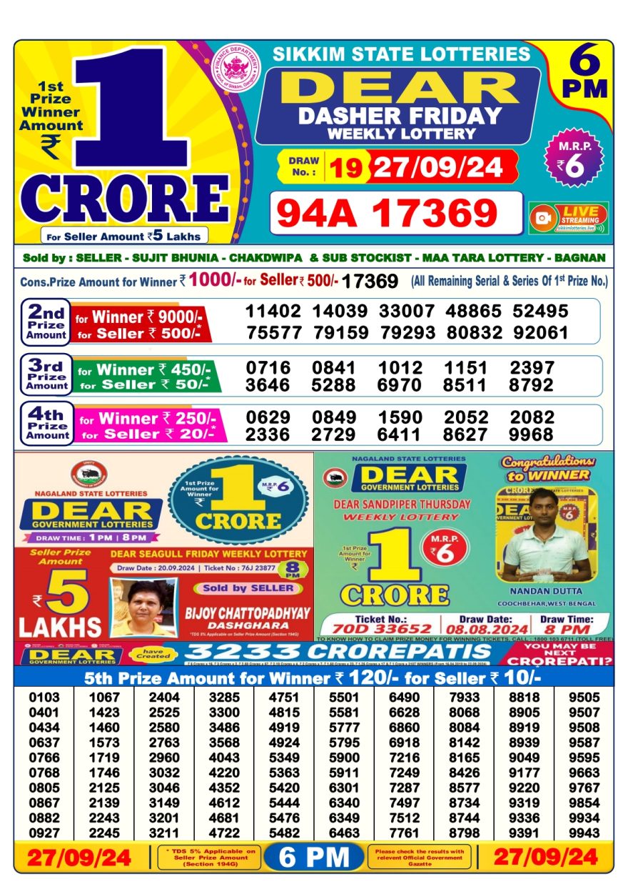 Dear dasher friday weekly 6PM Result 27.09.24