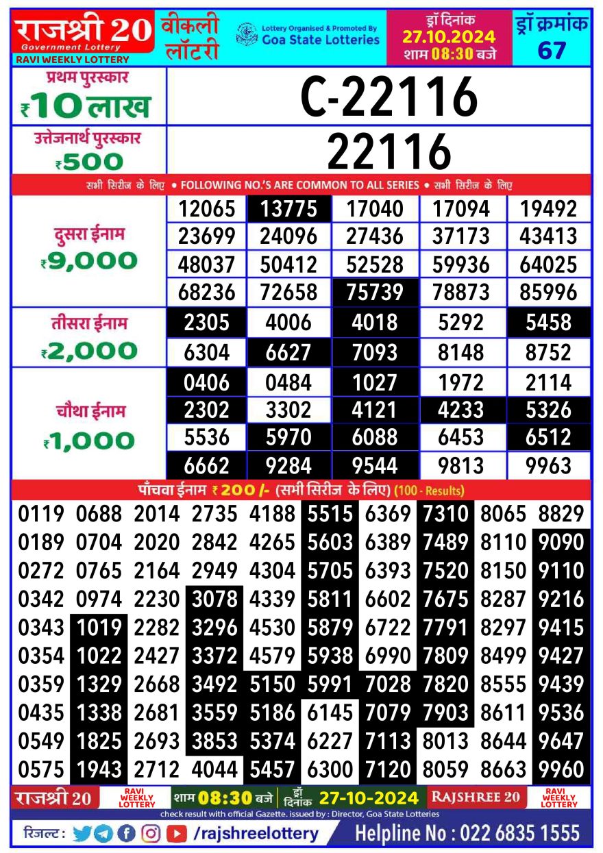 Rajshree 20 weekly 8:30pm Lottery result 27.10.24