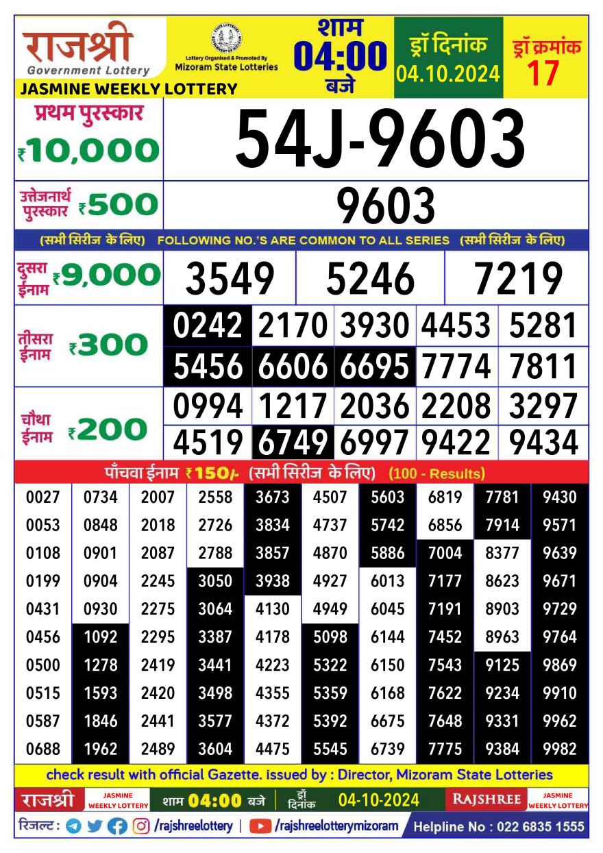 Rajshree jasmine Weekly Lottery 4PM Result 4.10.24