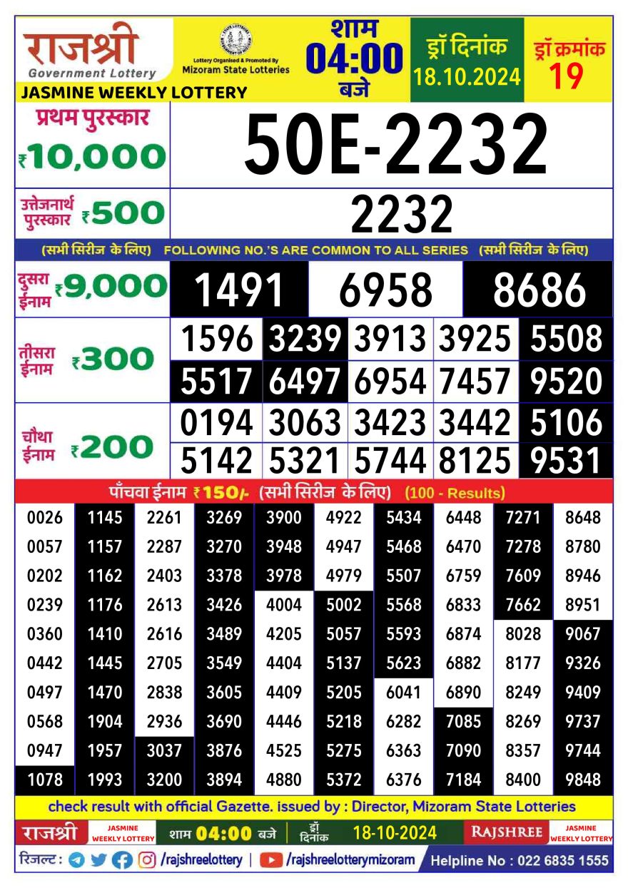 Rajshree jasmine Weekly Lottery 4PM Result 18.10.24