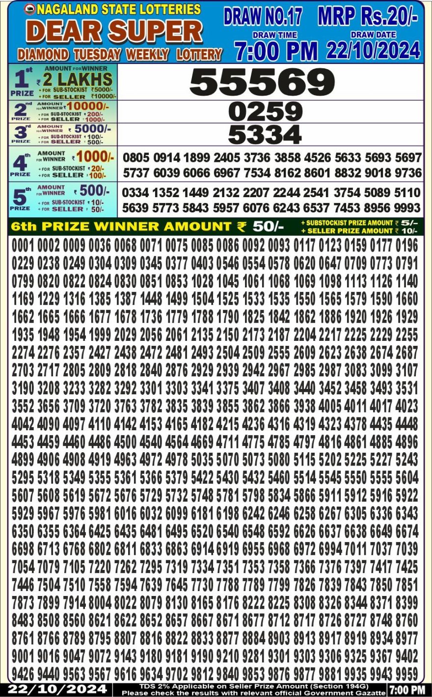 Dear super diamond 7pm lottery result 22-10-24