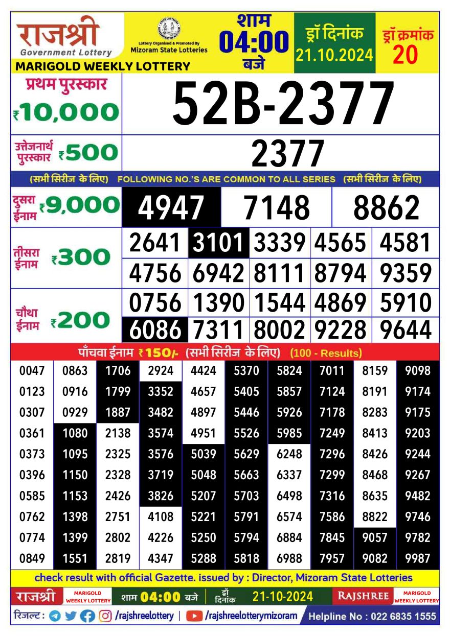 Rajshree marigold Weekly Lottery 4PM Result 21.10.24