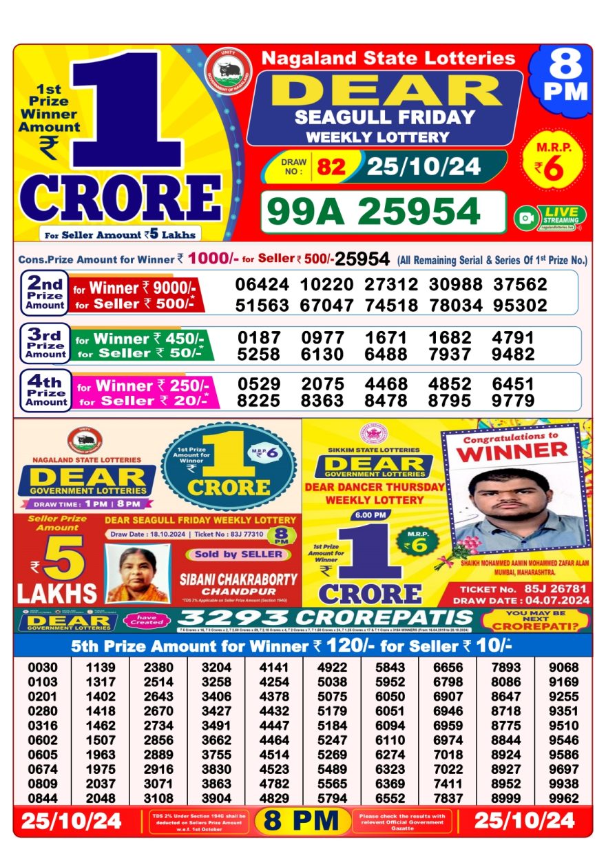 Dear seagull Weekly Lottery 8PM Result 25.10.24