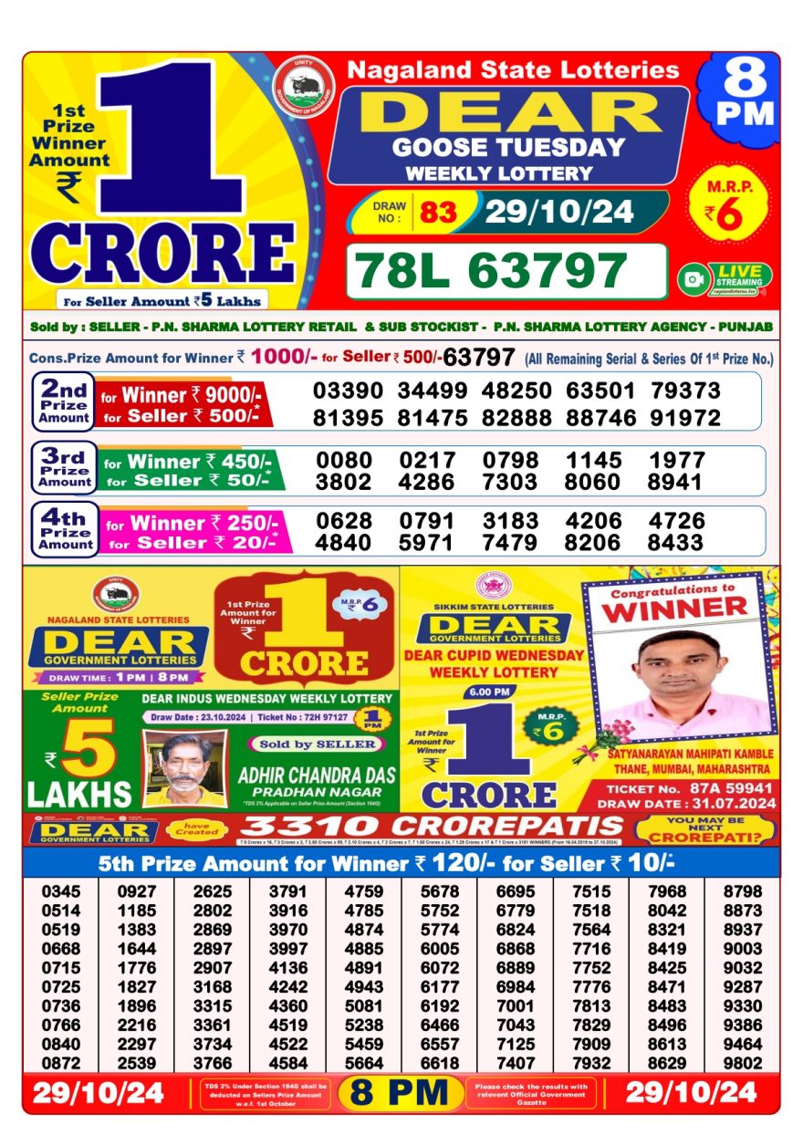Dear goose Weekly Lottery 8PM Result 29.10.24