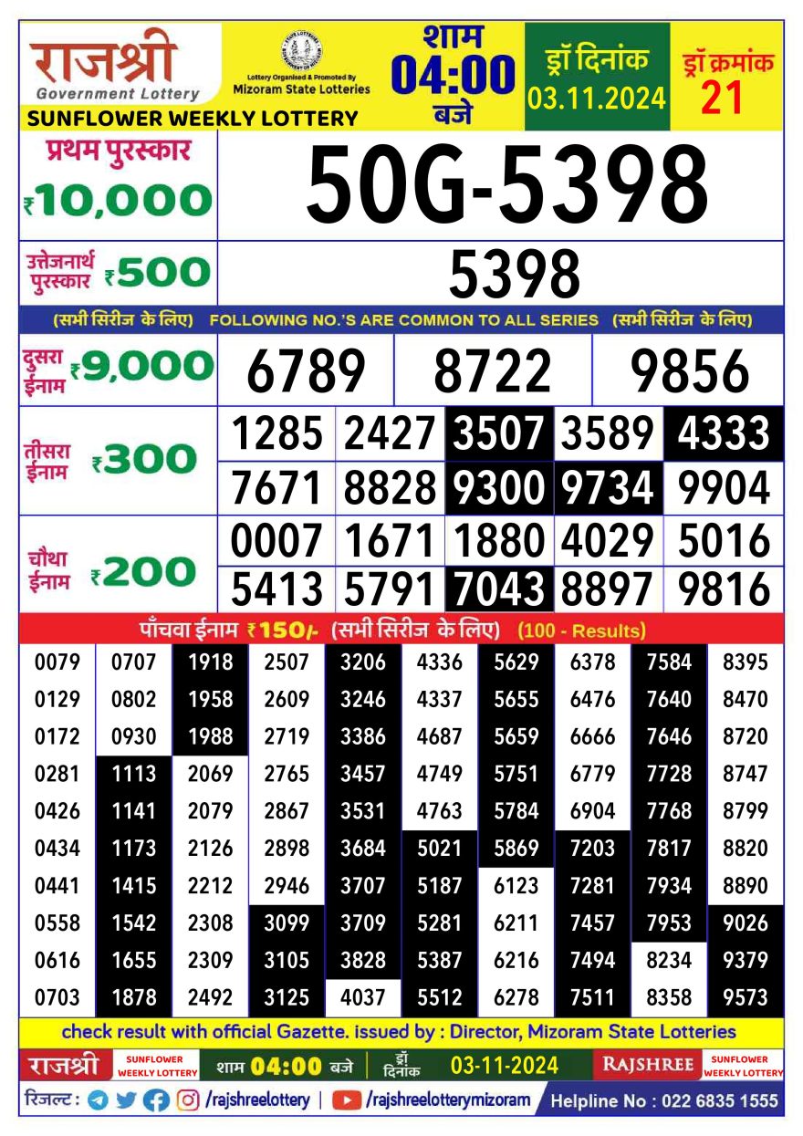 Rajshree sunflower sunday Weekly Lottery 4PM Result 3.11.24