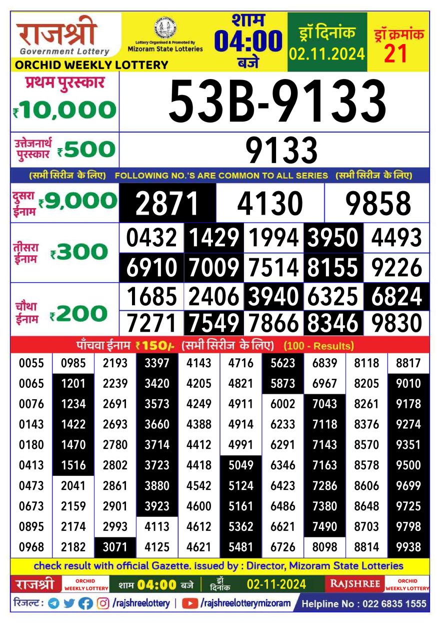 Rajshree orchid saturday Weekly Lottery 4PM Result 2.11.24