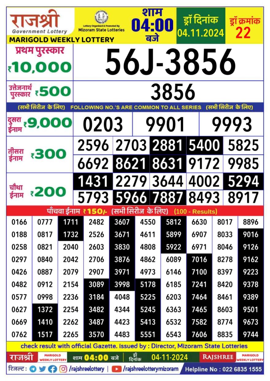 Rajshree marigold monday Weekly Lottery 4PM Result 4.11.24