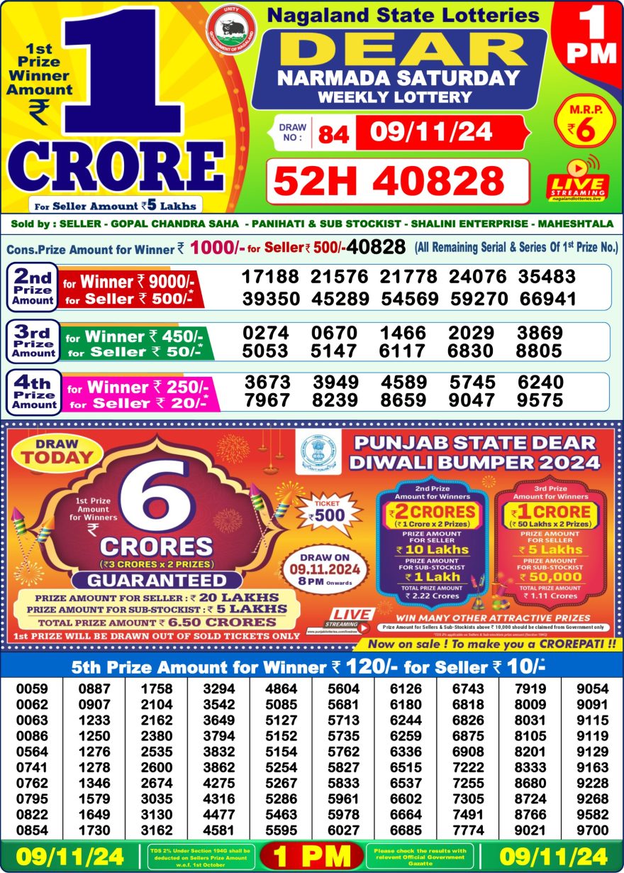 Dear narmada Weekly 1pm result 9-11-24