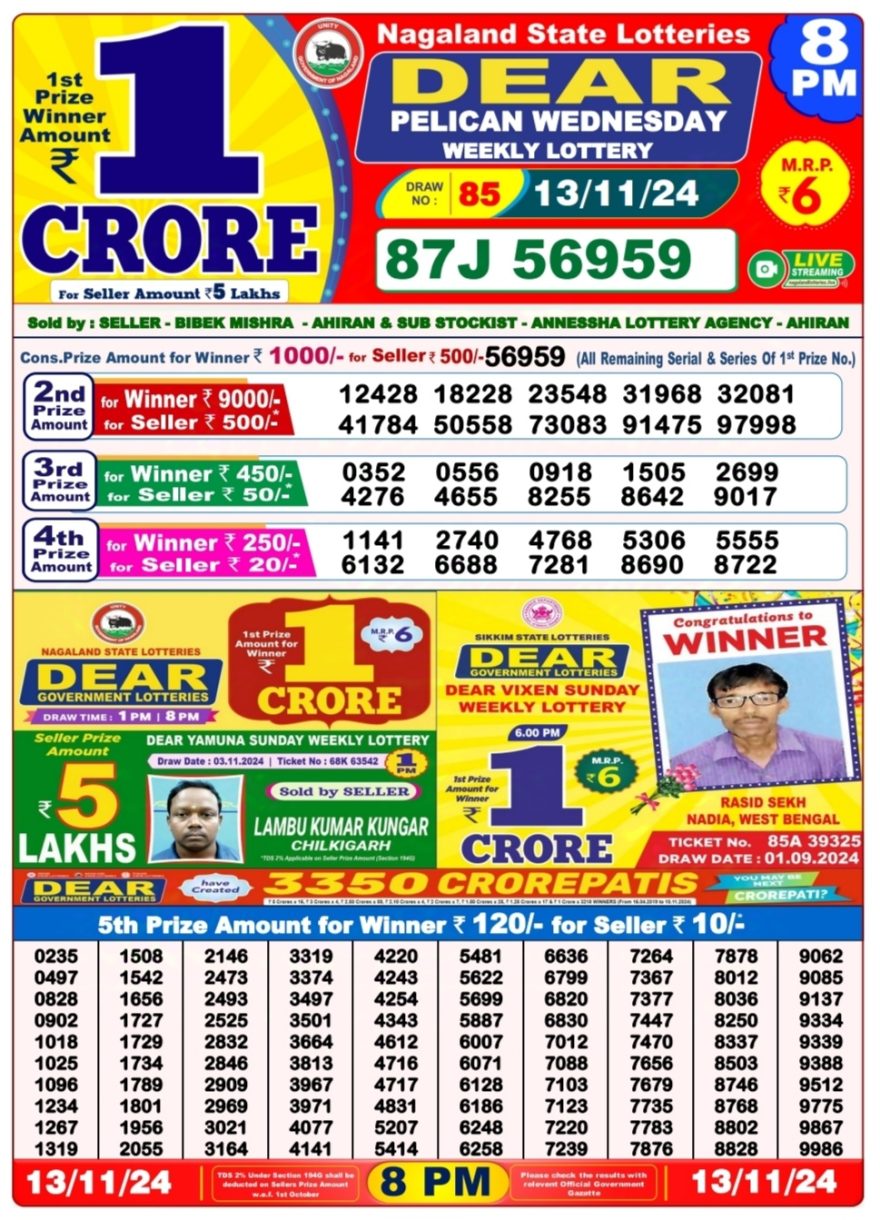 Dear pelican Weekly Lottery 8PM Result 13.11.24