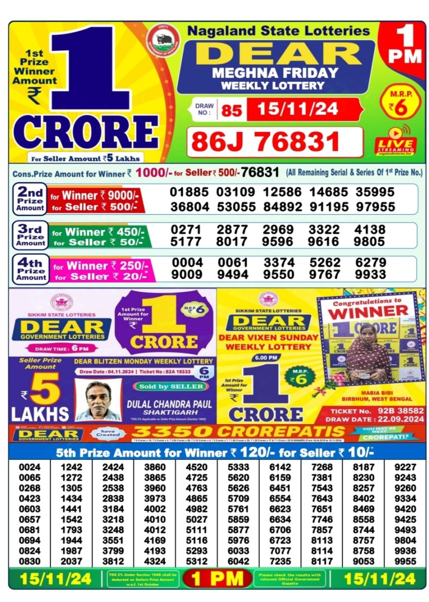Dear mehgna Friday Weekly 1pm result 15.11.24