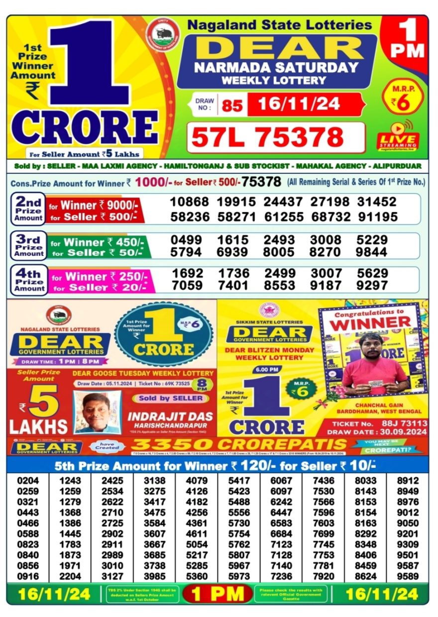 Dear narmada saturday Weekly 1pm result 16.11.24