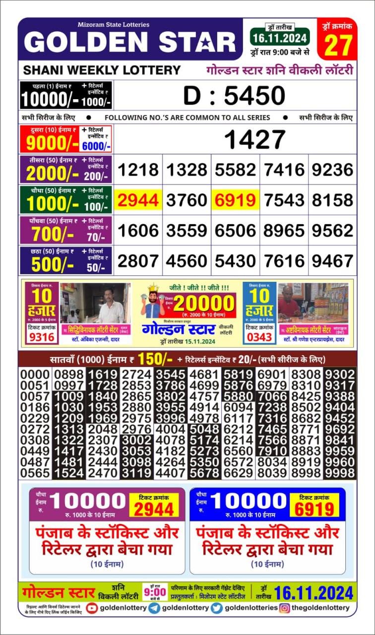Golden Star weekly Lottery result 16.11.24
