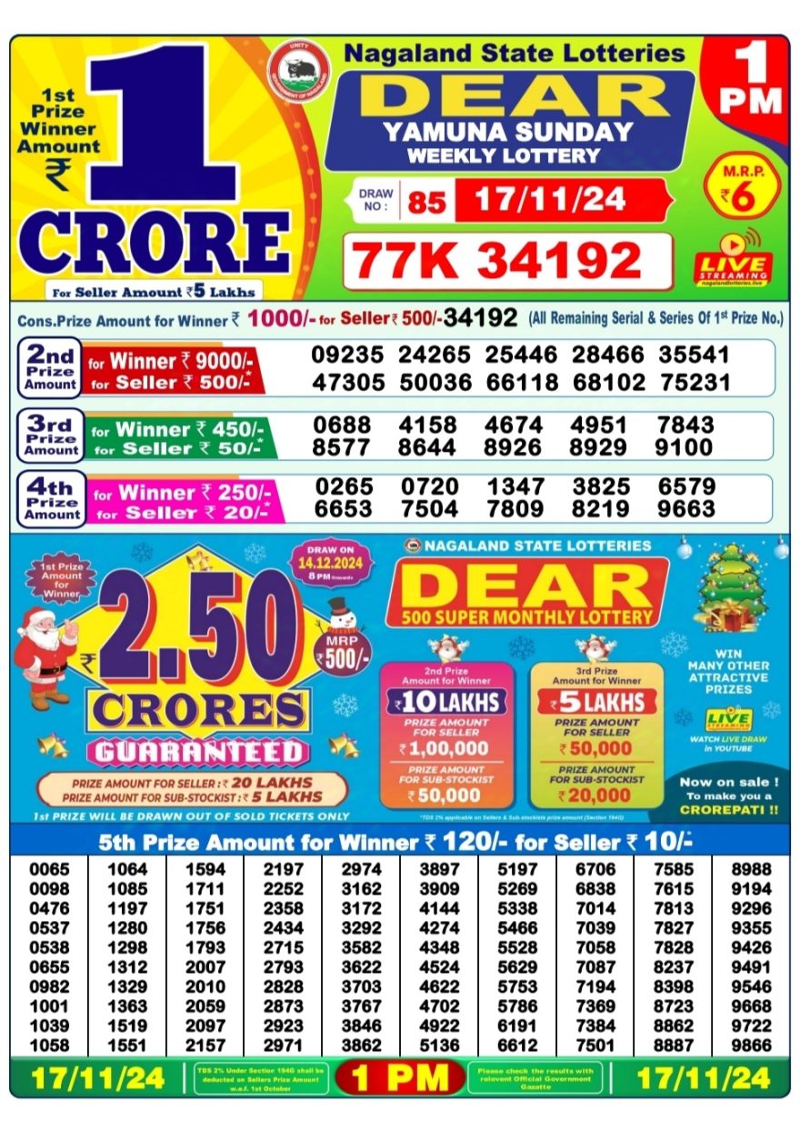 Dear yamuna sunday Weekly 1pm result 17.11.24
