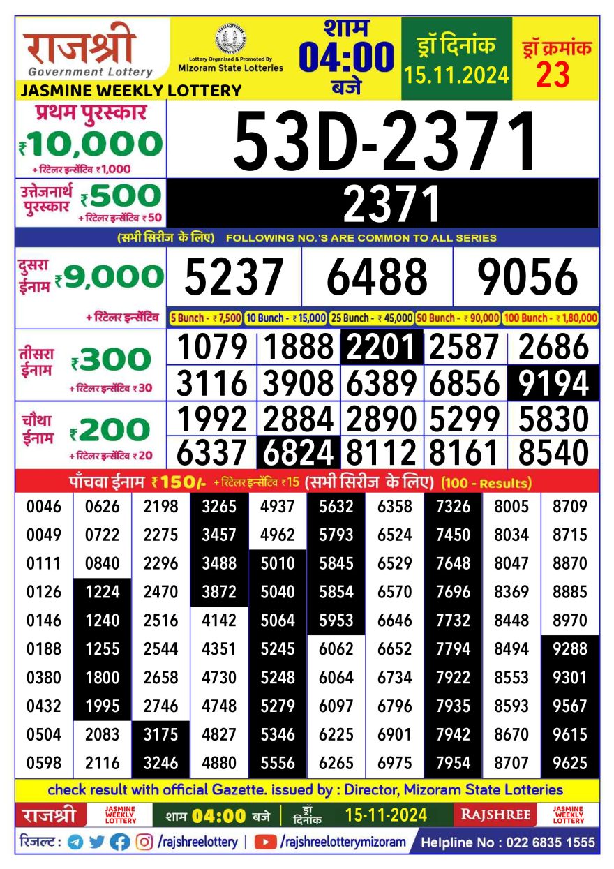Rajshree jasmine tuesday Weekly Lottery 4PM Result 15.11.24