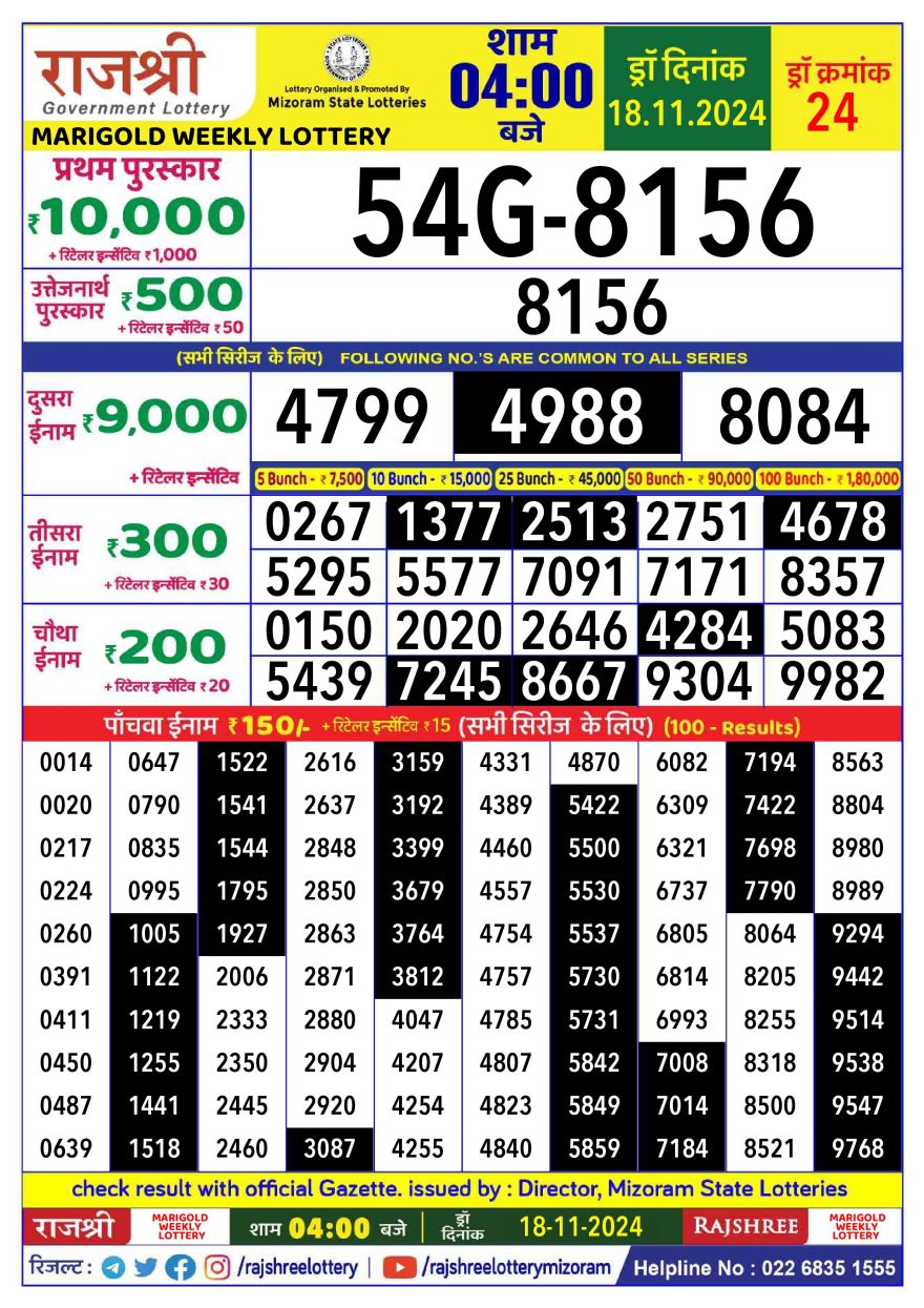 Rajshree marigold monday Weekly Lottery 4PM Result 18.11.24