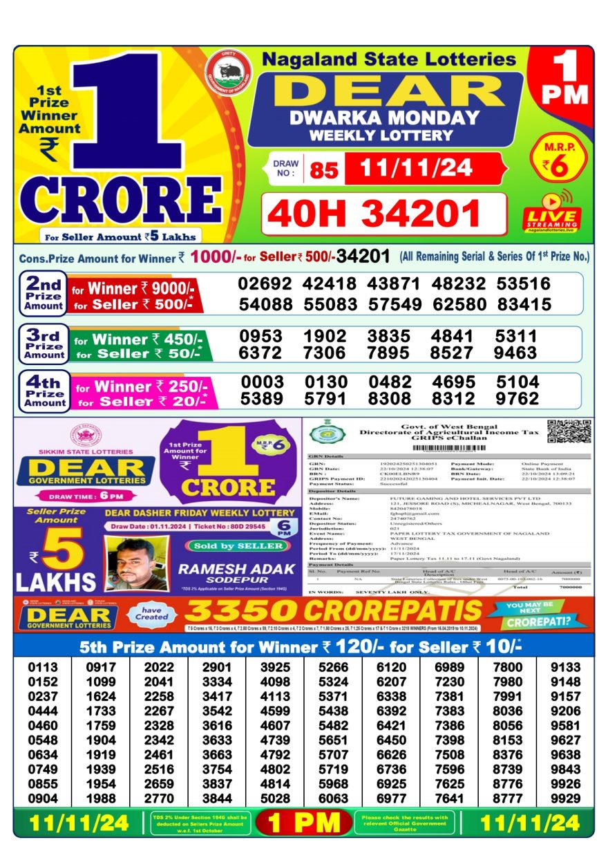 Dear dwarka monday Weekly 1pm result 11-11-24