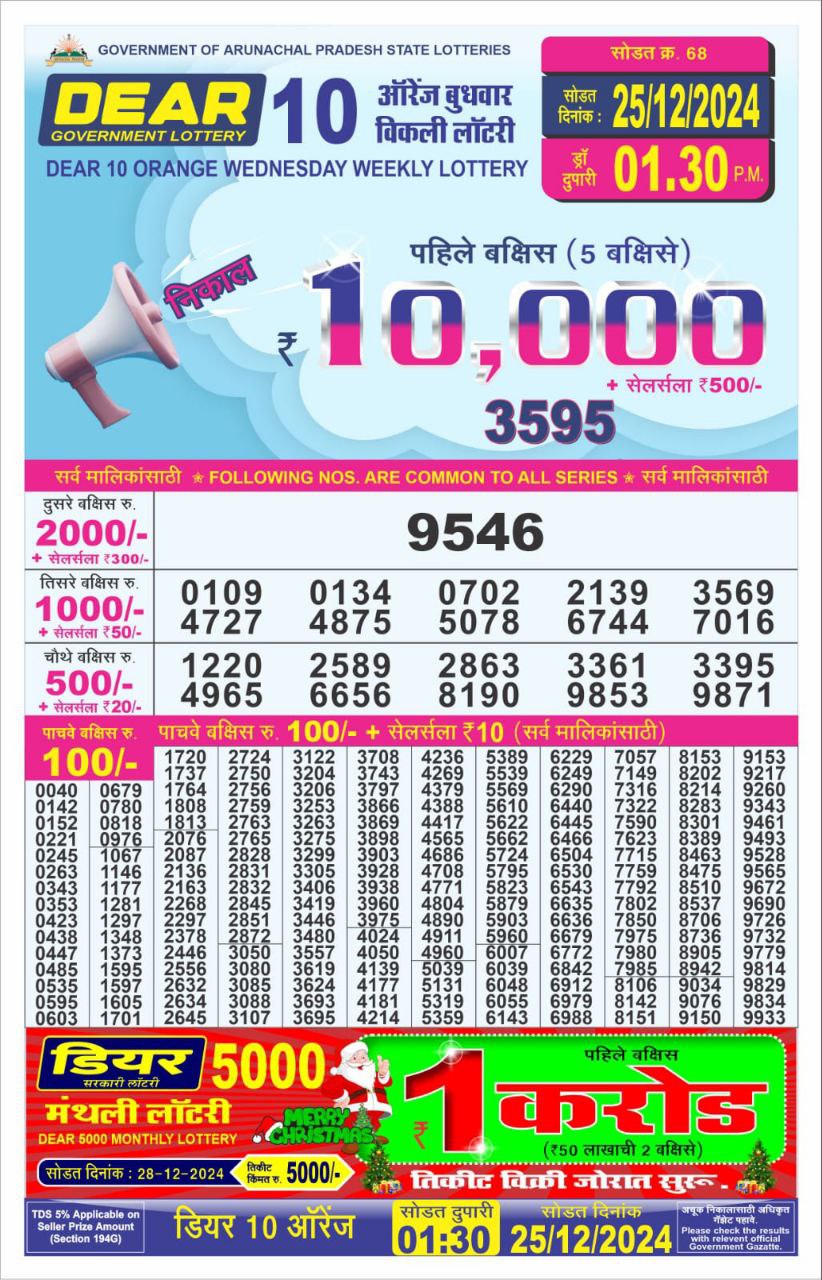 Dear 10 Orange Lottery 1.30PM Result 25.12.24