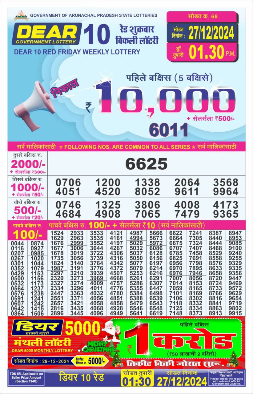 Dear 10 red lottery 1.30PM Result 27.12.24