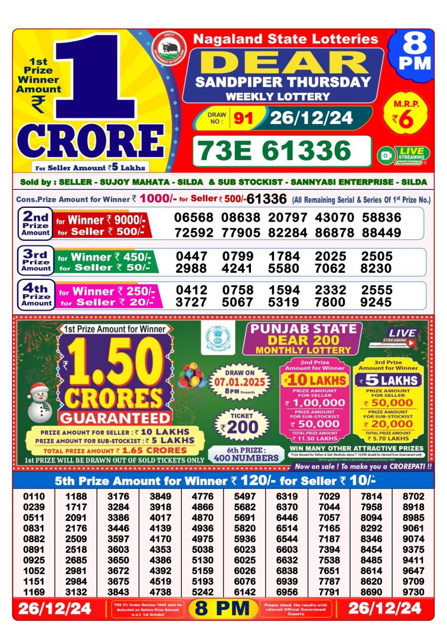 Dear Sandpiper Thursday Weekly Lottery 8PM Result 26.12.24
