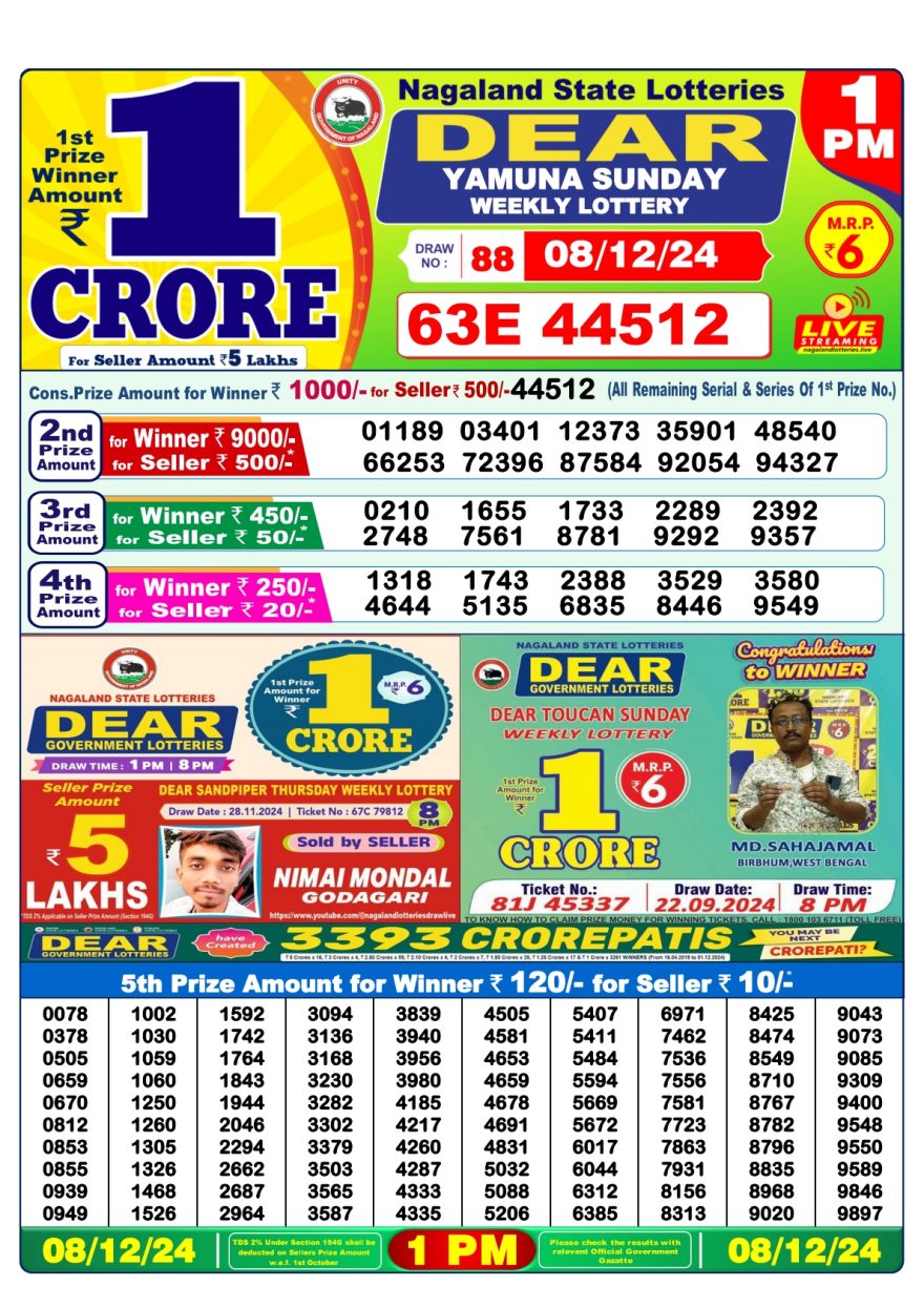 Dear yamuna sunday Weekly 1pm result 8.12.24