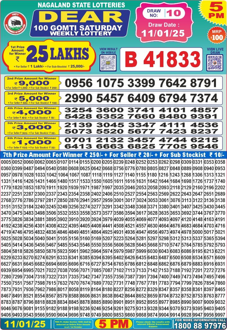 Dear 100 Gomti saturday Lottery 5pm Result 11.1.25