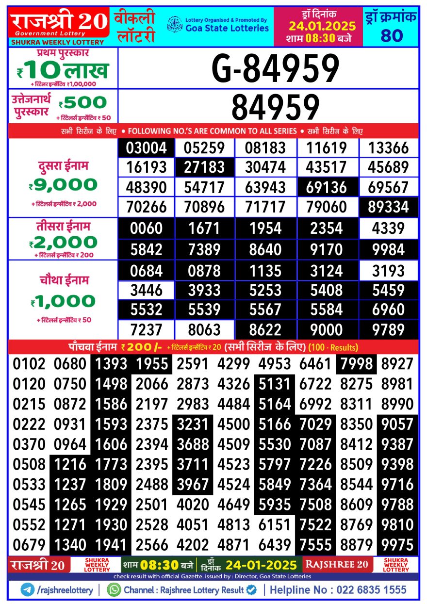 Rajshree 20 Lottery 8:30PM Result 24.1.2025