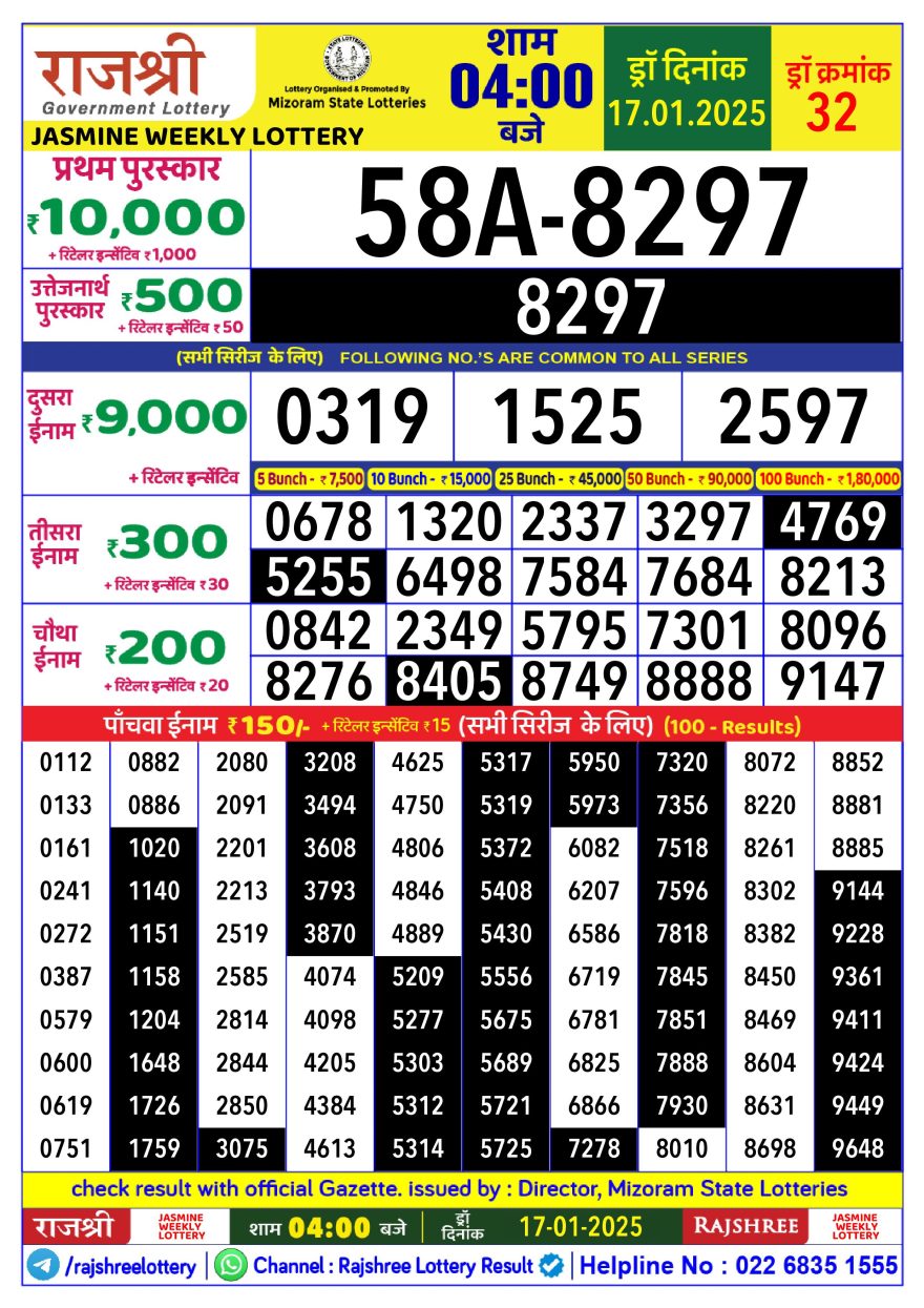Rajshree jasmine Friday Weekly Lottery 4PM Result 17.1.25