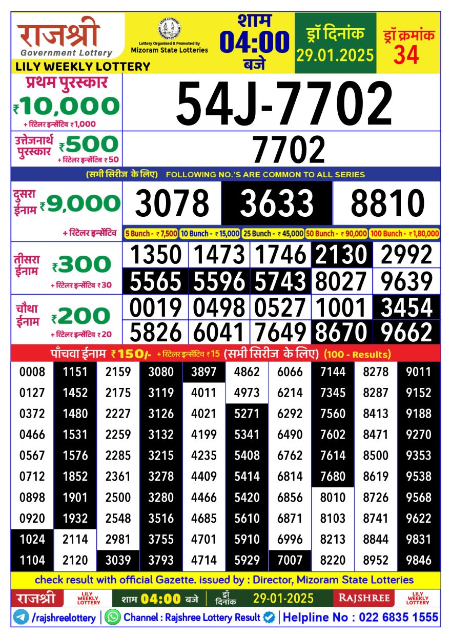 Rajshree Lily Wednesday Weekly Lottery 4PM Result 29.1.25