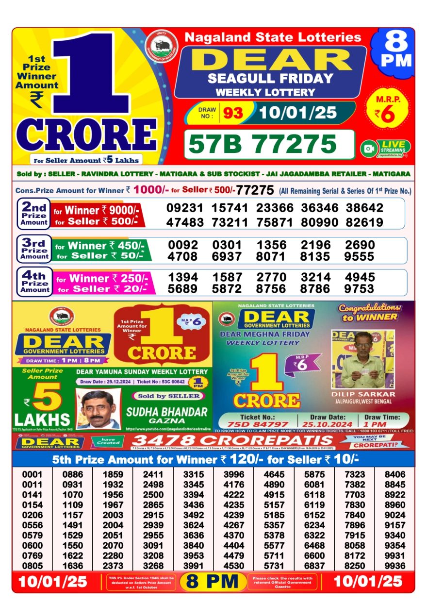 Dear seagull Weekly Lottery 8PM Result 10.1.2025