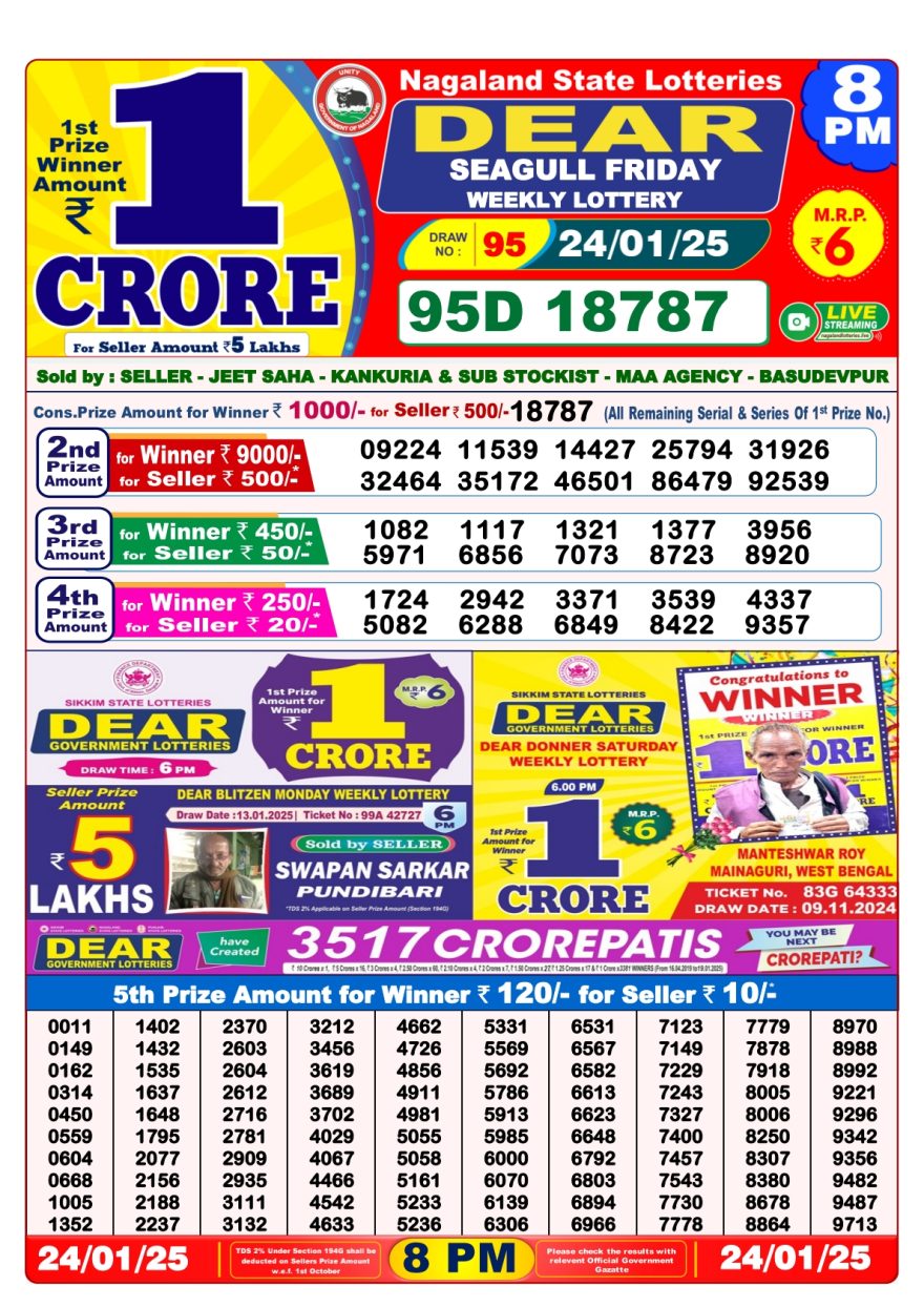 Dear seagull Weekly Lottery 8PM Result 24.1.2025