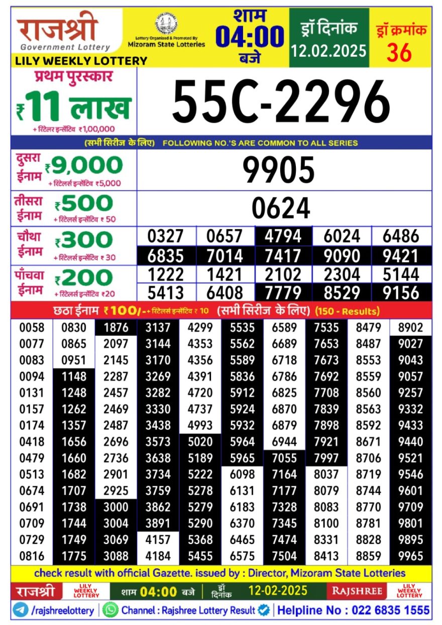 Rajshree Lily Wednesday Weekly Lottery 4PM Result 12.2.25