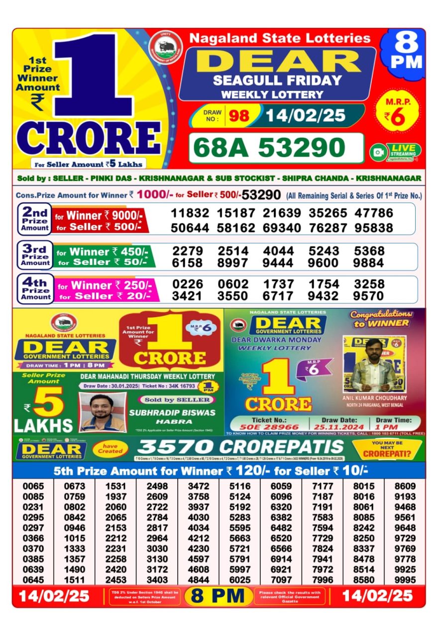 Dear seagull Weekly Lottery 8PM Result 14.2.2025