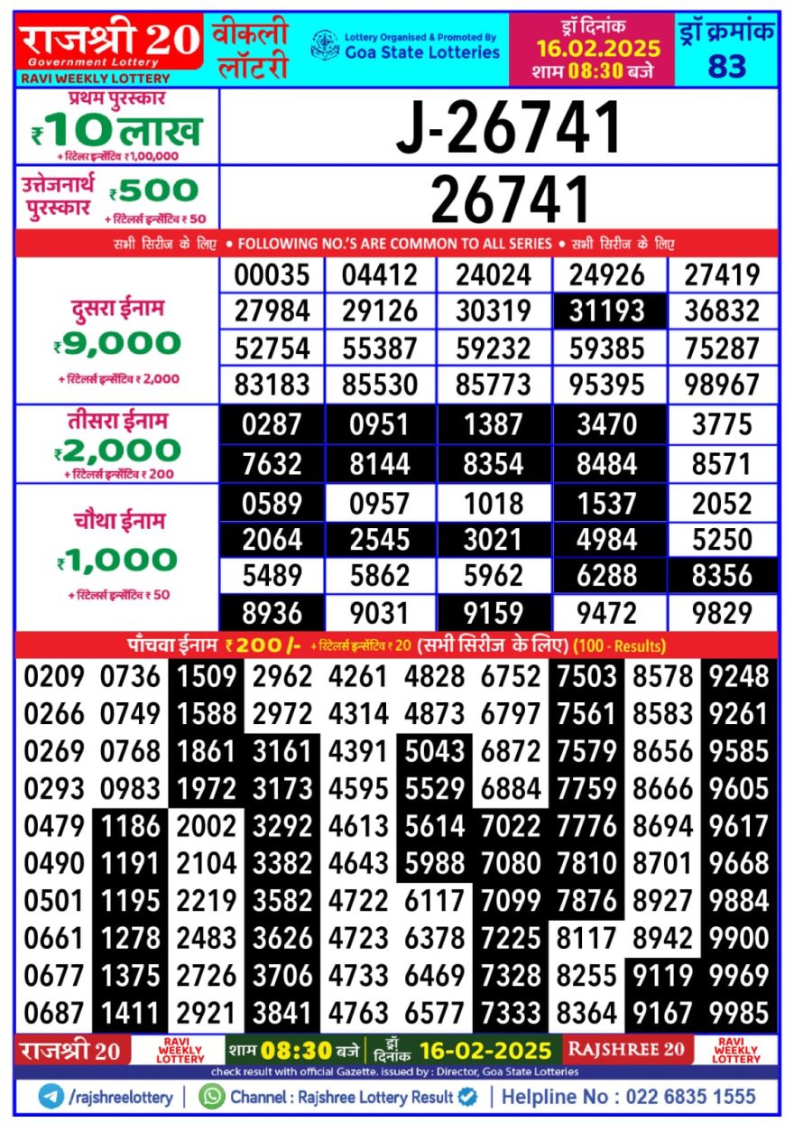 Rajshree 20 Lottery 8:30PM Result 16.2.2025