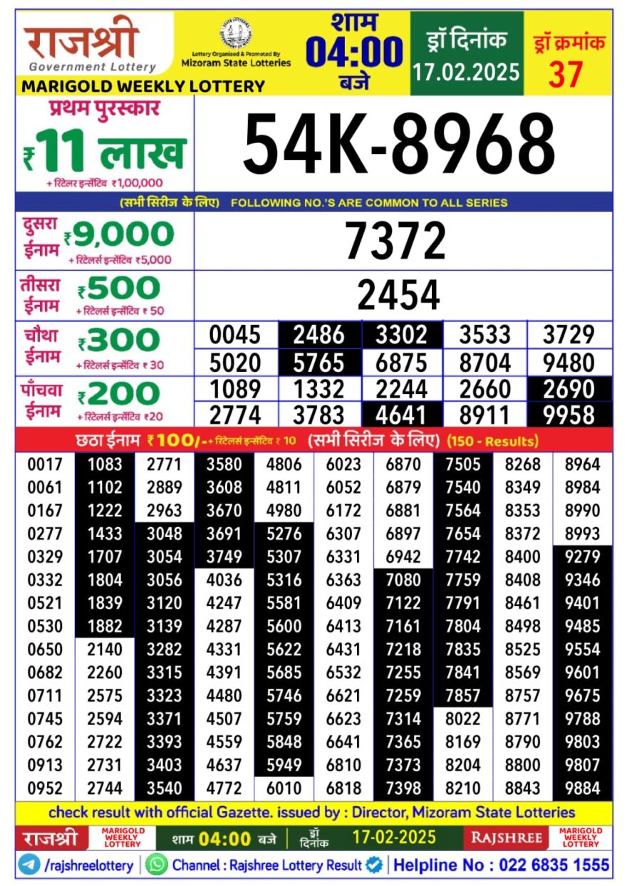 Rajshree marigold monday Weekly Lottery 4PM Result 17.2.25